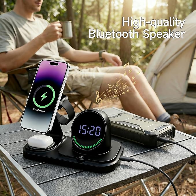 6 in 1 Wireless Charger i-Phone Charging Station: Stand for Multiple Devices for Apples - Compatible i-Phone 17 16 15 14 13 Pro Max Apples Watch Airpods, Design with Wireless Speaker & Clock (Black)