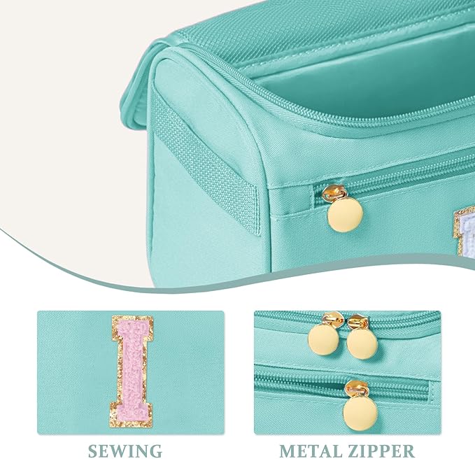 COSHAYSOO Initial Girls Hanging Travel Toiletry Bag Skincare Toiletries Bags Teen Girl Trip Gifts Favors, Summer Fall Camp Essentials for Teenage Sleepaway Sleepover Teal Letter I