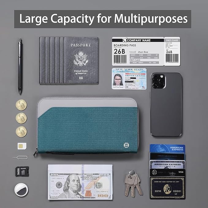 Passport Holder Family for 4, RFID Blocking Travel Wallet Women Men,Passport Wallet with Airtag Holder,Family Passport Protector Case, RFID Blocking, Lightweight, Zipper, Document Organizer, Pouch Bag