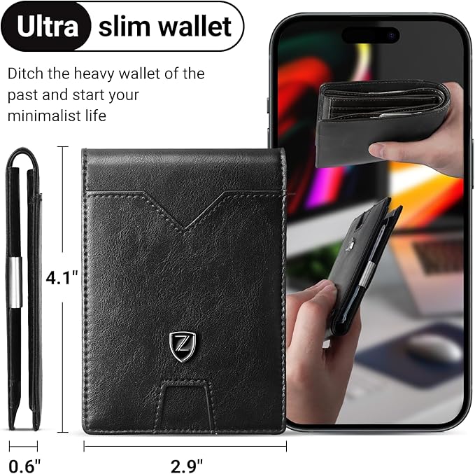 Zitahli Slim Wallet for Men with Money Clip, Minimalist Front Pocket RFID Blocking Leather Wallets Bifold Credit Card Holder, 11 Card Slots and ID Window with Gift Box
