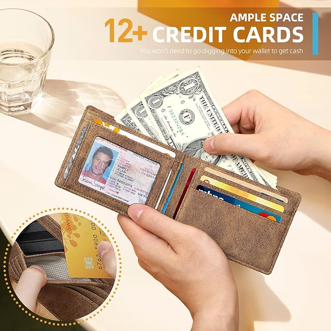RUNBOX Wallet for Men Slim 11 Credit Card Holder Slots Leather RFID Blocking Small Thin Men's Wallet Bifold Minimalist Front Pocket Large Capacity Gift Box