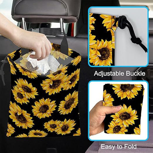Car Trash Bag Sunflower Car Garbage Bag Hanging Car Trash Can for Back Seat with Drawstring