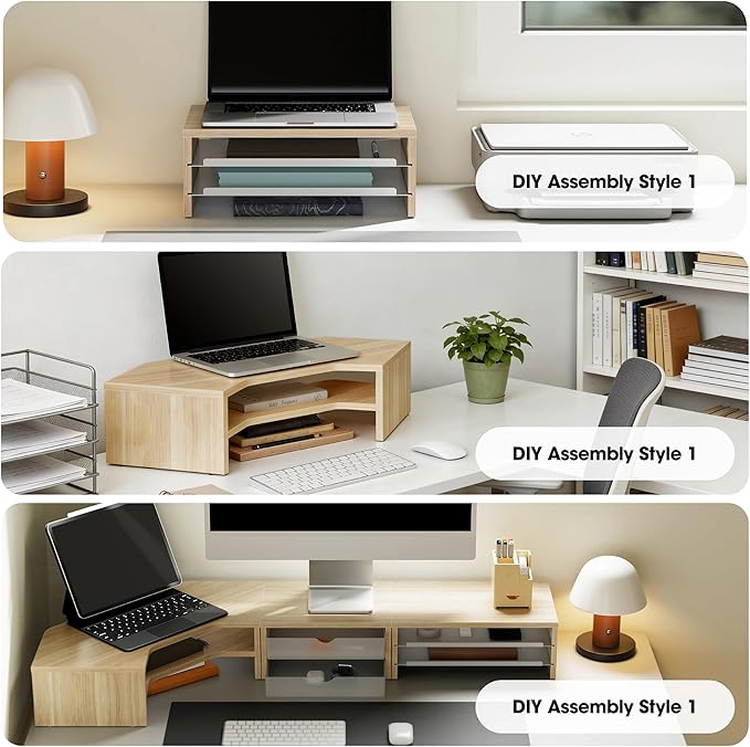 Fenge Monitor Stand, 3-Tier Monitor Riser with Slide-Out Tray, Wooden and Metal Desktop Organizer for Home Office, Computer, Laptop, Printer, Telephone