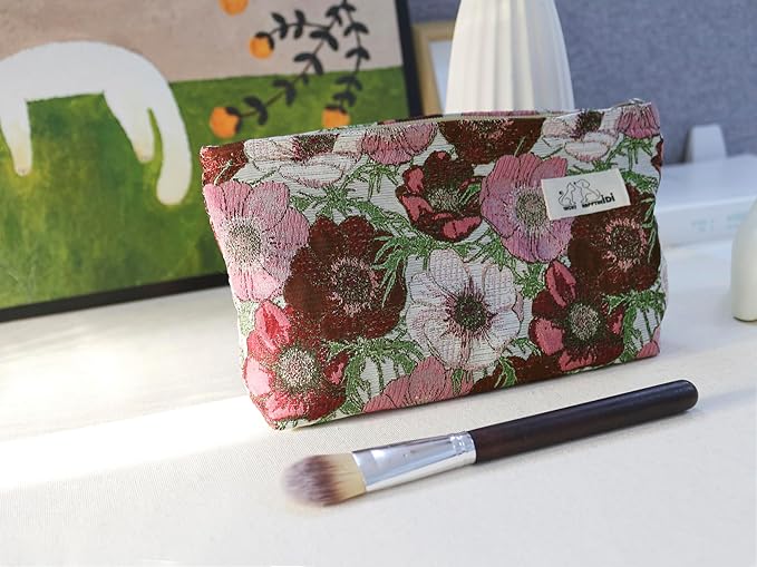 HAPPYHEIDI Makeup Bag Set 3 Cosmetic Toiletry Organizer Zipper Pouch for Purse Tote, Women Girls Gift, Large Medium Small, Red Floral Jacquard Polyester