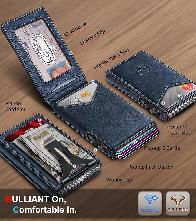 BULLIANT Men Wallet,Magnetic Metal Wallet Money Clip 9Cards Pop-up Access RFID Blocking