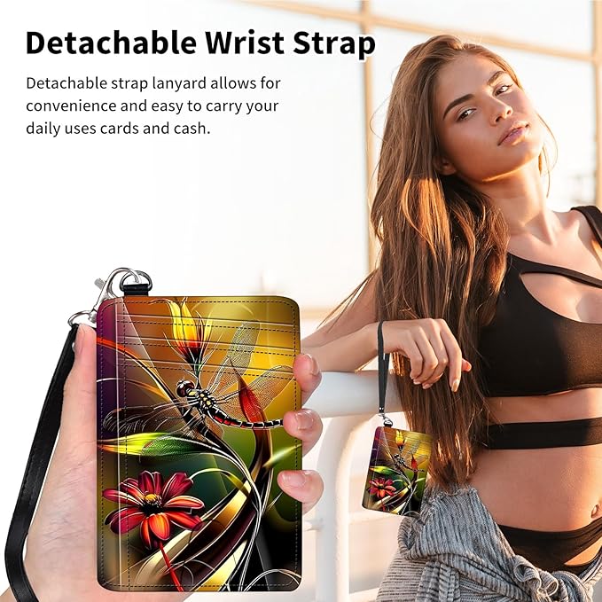 Slim Minimalist Front Pocket Wallet,Credit Card Holder Wallet for Women Men,RFID Blocking Credit Card Holder Case Leather Cute Small Thin Wallet ID Window&Wrist Strap,Dragonfly Plant