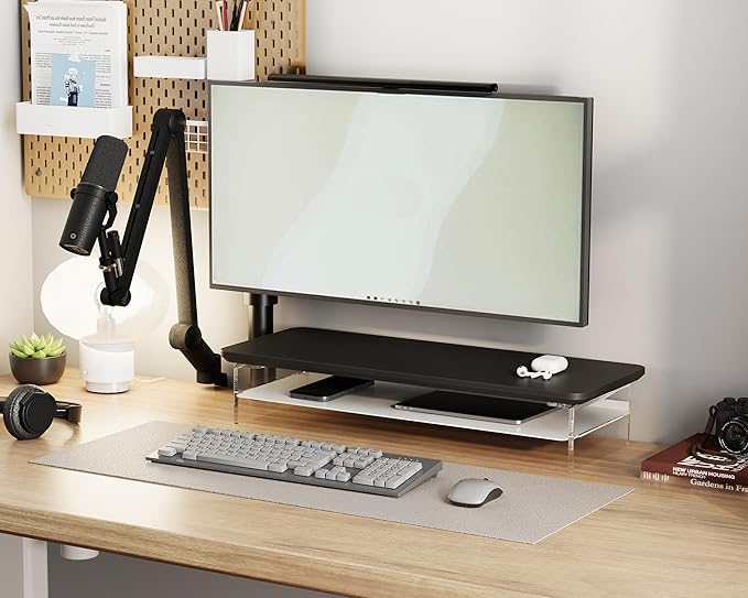 Fenge Acrylic Monitor Stand Riser, 23.6 Inches Monitor Stand with Metal Storage, 2 Tier Acrylic Computer Riser for Desk, Clear Laptop Stand for PC, Laptop, Printer, TV