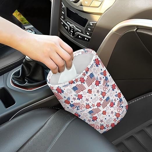 250th America Flag Hibiscus Floral Firework Car Trash Bin Vehoicle Interior Front Seat Trash Bin Lightweight Cup Holder Universal Fit Most Cars, SUVs, Trucks