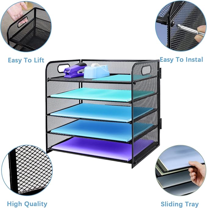 5 Tier Desk Organiser with Handle, Pull-Out Mesh File Organizer for Letter Tray Organizer Mesh Desk Organiser Tray Paper Storage Rack for A4 File Office Supplie, Black