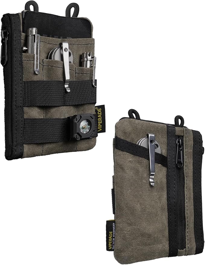 VIPERADE VE16N-OW Waxed Canvas Zipper Wallet, Minimalist with 5 Pockets, 2 Zipper Slim Pocket Multitool Pouch for Everyday Carry (OD Green)