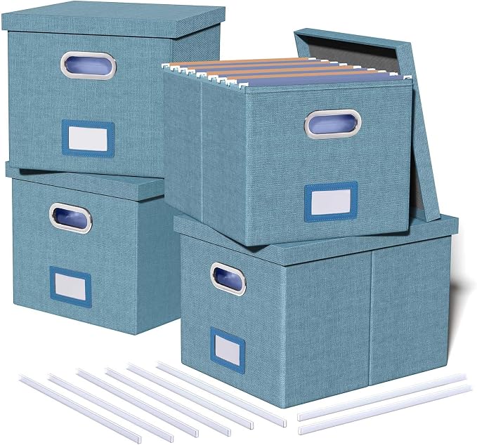 Oterri 4 Pack File Storage Organizer, Document Organizer, Portable File Box with Lid, Fit for Letter/Legal File Folder Storage,Dark Blue-Box only