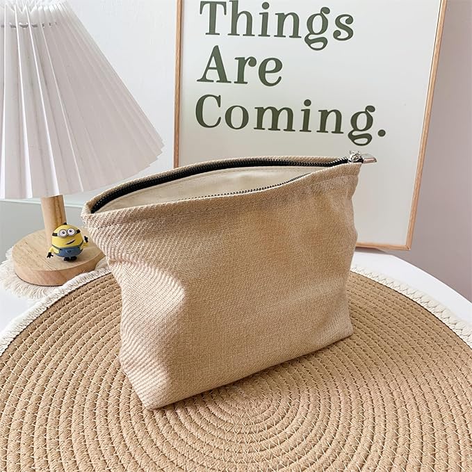 Bohemian Makeup Bag, Jute Cosmetic Bag, Large Zipper Pouch(10.6" * 7.1" * 2.8"), Solid Color Make Up Bag for Women, Perfect for Storing Makeup and Accessories, Makeup Bag for Daily Use Travel Gifting
