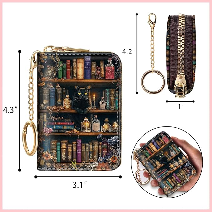 Blusabaca Bookshelf and Cat Credit Card Holder for Women, Small RFID Wallet with Zipper, Card Keychain Wallet, Leather Wallet Card Case, Business Blocking Accordion Wallet Gift