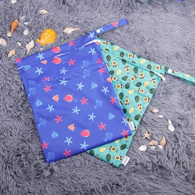 ALVA ALVABABY 2pcs Cloth Diaper Wet Dry Bags Waterproof Reusable with Two Zippered Pockets Travel Beach Pool Daycare Soiled Baby Items Yoga Gym Bag for Swimsuits or Wet Clothes LZX4344