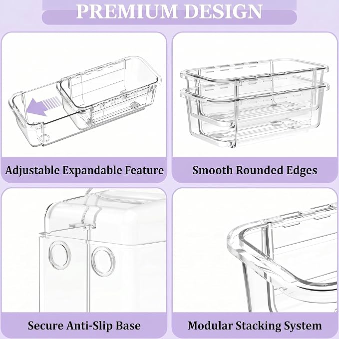 16 Pcs Extendable Clear Drawer Organizer, 2-Size Expandable Drawer Dividers, Expanding Plastic Storage Box Arcrylic Storage Bins for Vanity Makeup Drawer Dresser Kitchen Utensils DIY Desk Office
