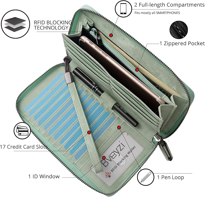 Bveyzi Women RFID Blocking Wallet Leather Zip Around Phone Clutch Large Capacity Ladies Travel Purse Wristlet | RFID Blocking, Zip Around, Large Capacity