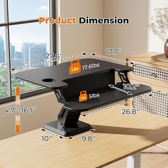 28" Standing Desk Converter, Height Adjustable Clamp Desktop Riser with Keyboard Tray, Sit Stand Monitor Riser Workstation for Home Office, Magnets Inclued, Black