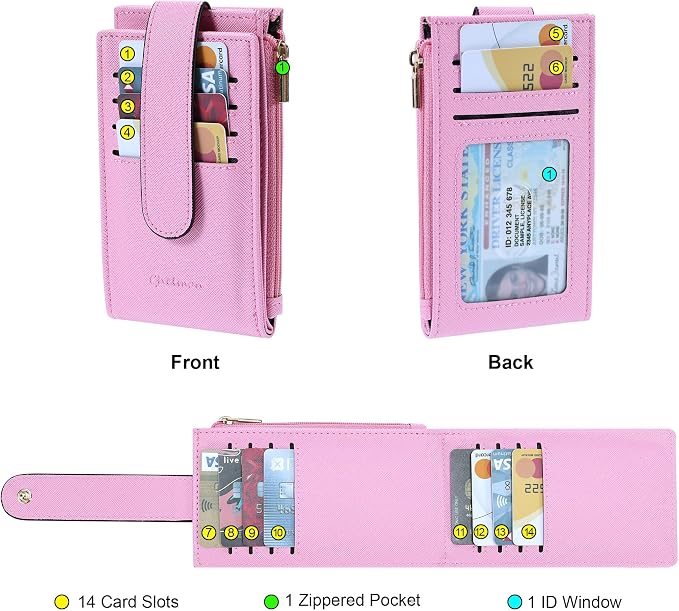 Chelmon Womens Wallet Slim RFID Blocking Bifold Multi Card Case Wallet with Zipper Pocket (Pink)