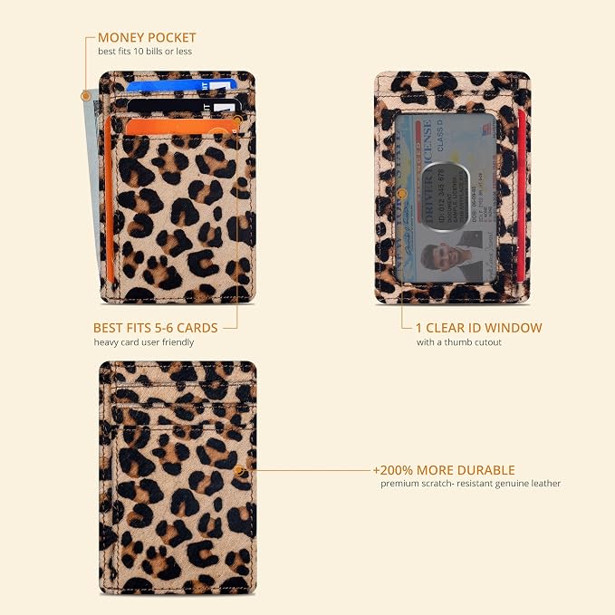 Oak Leathers Leather Slim Minimalist Wallet for Men & Women RFID Front Pocket Leather Card Holder Wallets (Small Leopard)