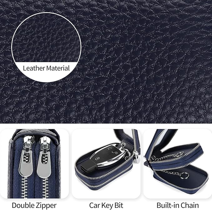 SENDEFN Car Key Fob Case Double Zipper Leather Smart Remote Keychain Protector Holder with Transparent Window
