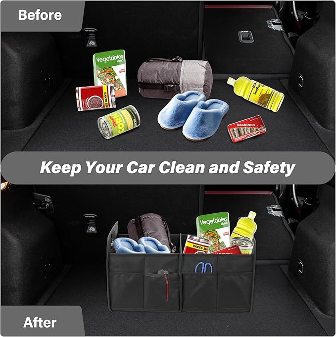 HealSmart Car Trunk Organizer, Foldable 2 Compartment Automotive Storage Accessories with 50L Capacity, 600D Waterproof Oxford Polyester, Non Slip Bottom, Black, 2 Pack