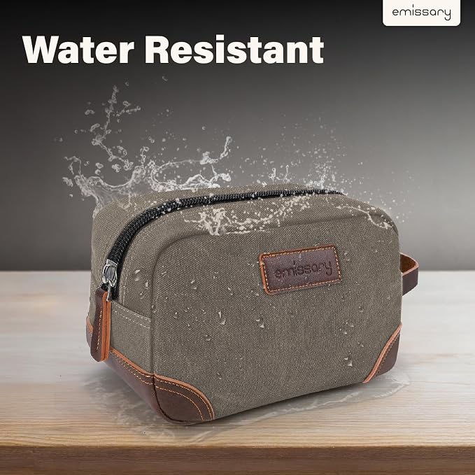 emissary Men's Canvas Travel Toiletry Bag, Leather Dopp Kit - Light Gray | Durable canvas & PU leather, water-resistant lining, side handle; roomy men's Dopp kit for travel & gym