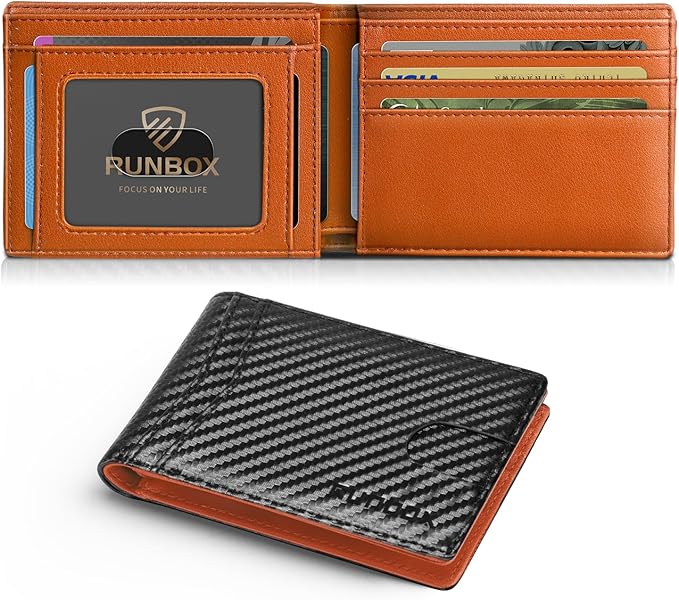 RUNBOX Wallet for Men Slim Leather Bifold RFID Blocking Minimalist Front Pocket Design with Gift Box