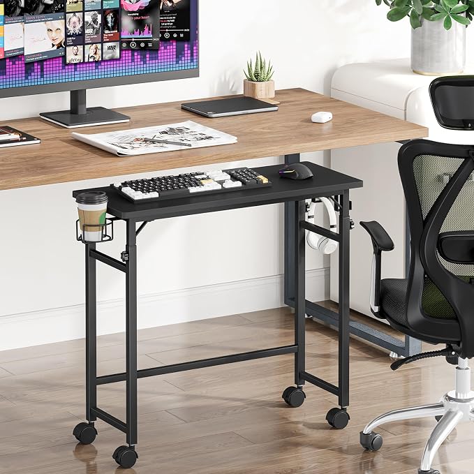 Snughome Mobile Keyboard Tray with Wire Cup Holder & 2 Storage Hooks, Height Adjustable 27.5"–44.4", Rolling Standing Desk Keyboard Platform with Lockable Casters for Home Office, Black