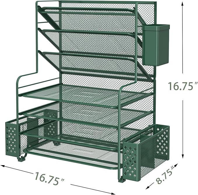 Simple Trending 7 Tier Desk File Organizer, Letter Tray Paper Organizer with Pen Holder and Metal Hanging Basket, Green