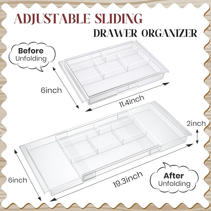 4pack Shallow Expandable Drawer Organizer, Adjustable 12.5”–20” Clear Plastic Drawer Organizer Tray for Vanity Bathroom Desk Kitchen Drawers, Multi Compartment Storage