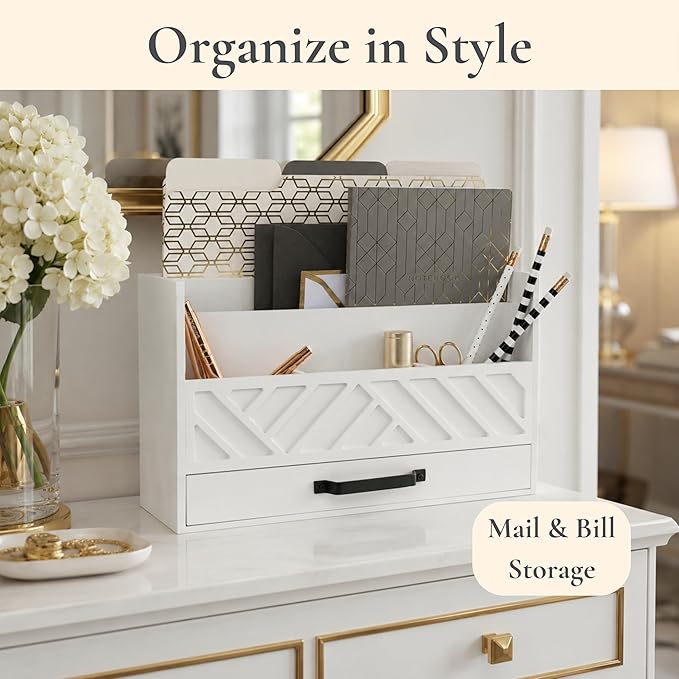 BLU MONACO | Wooden Mail Organizer with Drawer | Mail Organizer Countertop with 6 Compartments | Bill Holder for Desk | White Desktop Mail Sorter