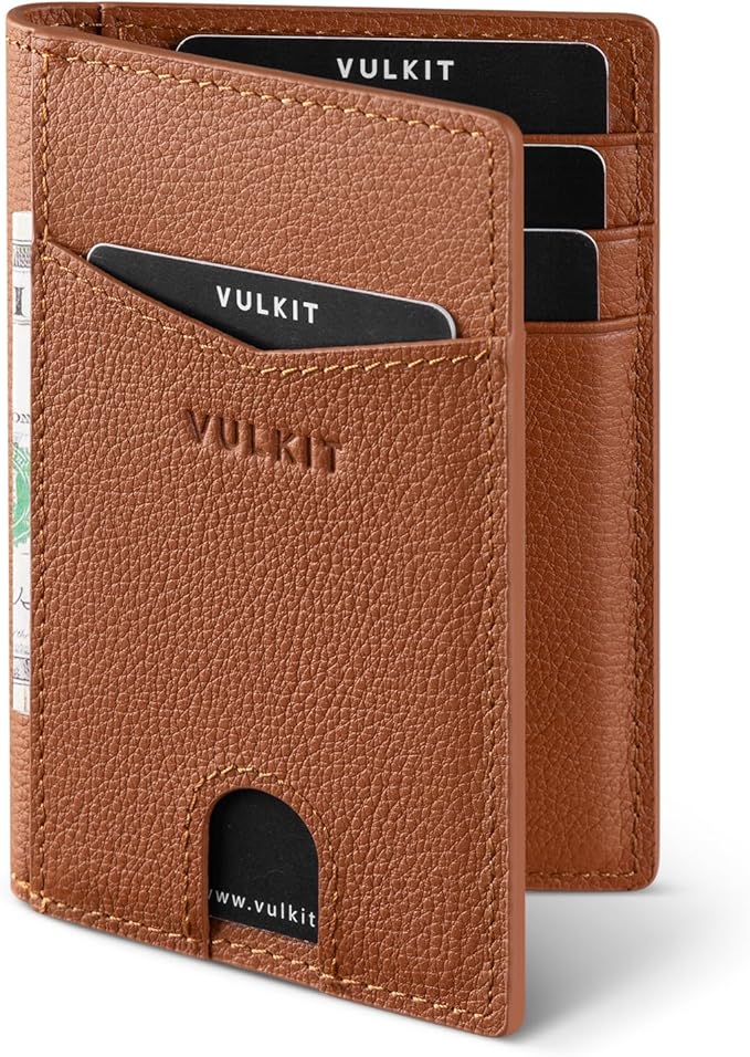 VULKIT Bifold Front Pocket Slim Wallet RFID Blocking Minimalist Thin Genuine Leather Credit Card Holder Wallet for Men and Women Litchi Brown