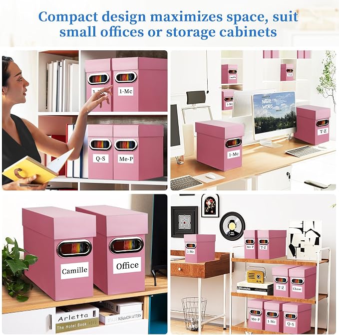 File Organizer Box with Lid & Handle, Thickened Cardboard Hanging File Folder Storage Boxes for Letter Size, Portable Filing Organizer for Office, Home, Classroom, Pink 2 Pack