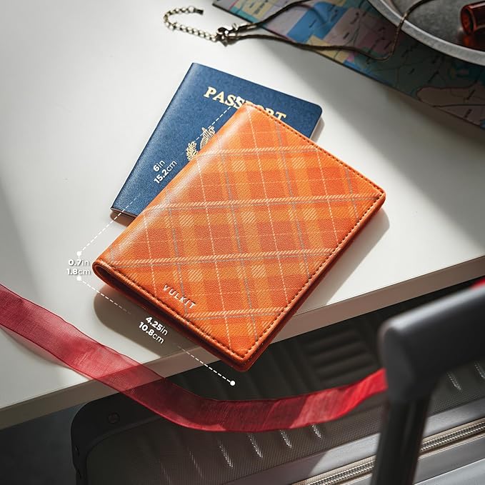 VULKIT Cute Passport Cover for Women, RFID Blocking Slim Passport Book Holder, Leather Travel Passport Wallet with Magnetic Closure Orange