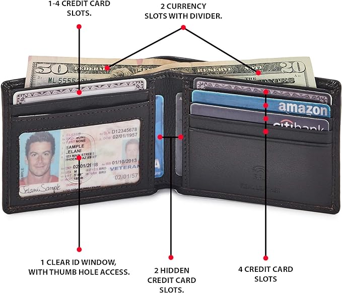 Real Leather Mens Bifold Wallet RFID Blocking Slim Minimalist Front Pocket - Thin & Stylish with ID Window in Gift Box (Nappa, Dark Chocolate)