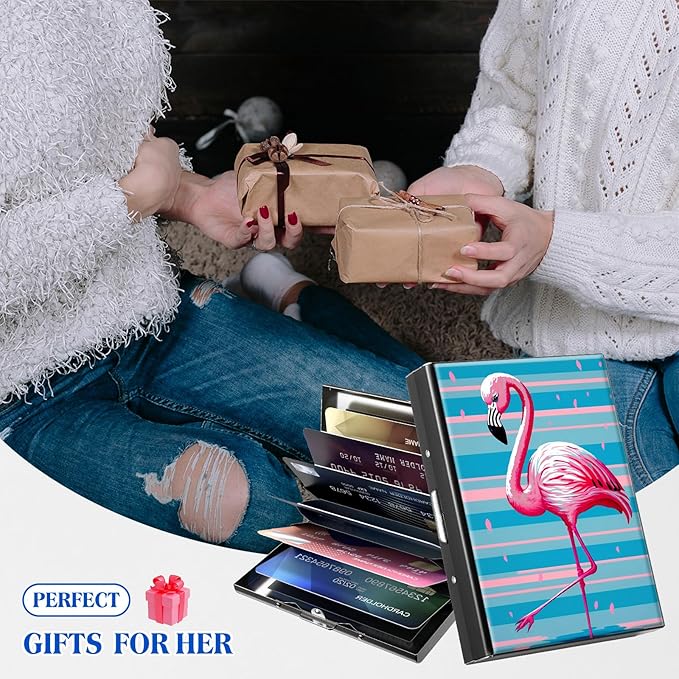 RFID Blocking Credit Card Holder - Slim Metal Wallet for Women & Men,Pink Flamingo Design Stainless Steel Business Card Case,Compact Pocket Organizer for Travel & Daily Use