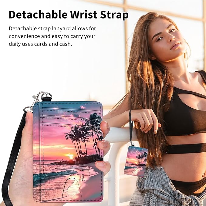 Slim Minimalist Front Pocket Wallet,Credit Card Holder Wallet for Women Men,RFID Blocking Credit Card Holder Case Leather Cute Small Thin Wallet ID Window&Wrist Strap,Pink Sunset Beach