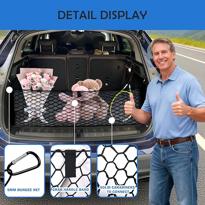 Envelope Style Cargo Net for 2014-2022 2023 Jeep Cherokee Accessories, Rear Trunk SUV Mesh Cargo Net, Upgraded 5mm Bungee & Double-Layer Nylon Storage Tailgate Netting Grocery&Tools Holder Organizer