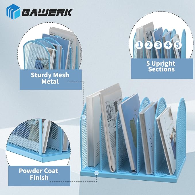 Gawerk 5-Section Vertical Desktop Organizer, 5-Section Mesh File Folder Stand Sorter for Office Home Classroom Organization (1, Blue)