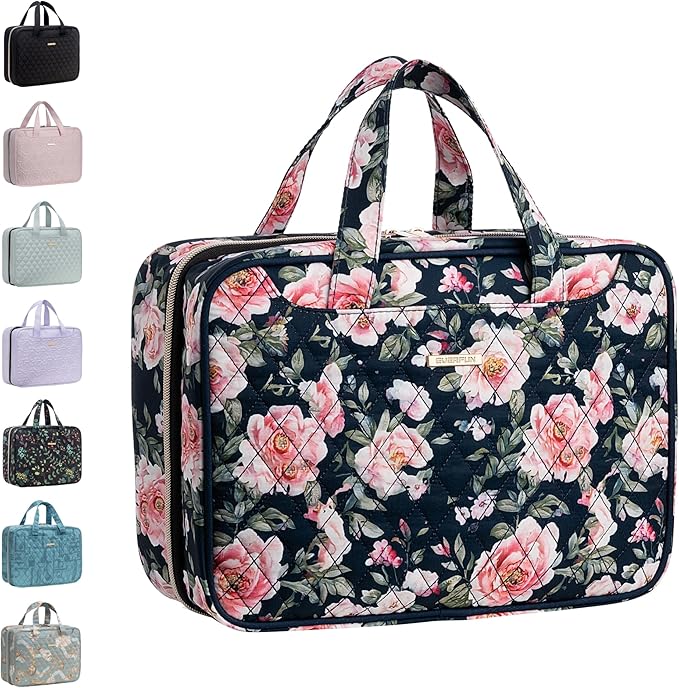 Everfun Hanging Toiletry Bag for Travel, Mothers Day Gift for Mom, 12x9x4.5 inch Large Capacity Cosmetic Organizer with Leakproof Wet/Dry Compartment, Waterproof Dopp Kit for Women Black Floral