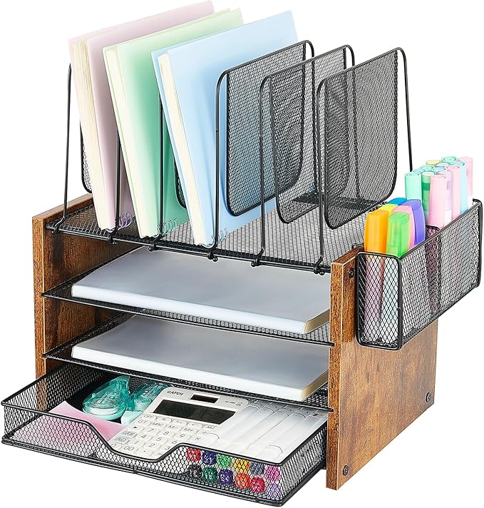 OPNICE Desk Organizer, 4-Tier Desktop File Organizer with Drawer and 2 Pen Holders, Office Desk Accessories, Workspace Organizers for Office Supplies(Brown Wood)