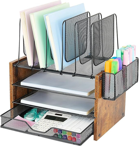 OPNICE Desk Organizer, 4-Tier Desktop File Organizer with Drawer and 2 Pen Holders, Office Desk Accessories, Workspace Organizers for Office Supplies(Brown Wood)