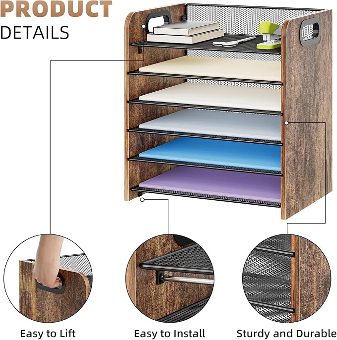 Marbrasse 6 Tier Paper Organizer Letter Tray - Wooden Desk File Organizer with Handle, Paper Sorter Organizer for Letter/A4 Office File Folder Holder