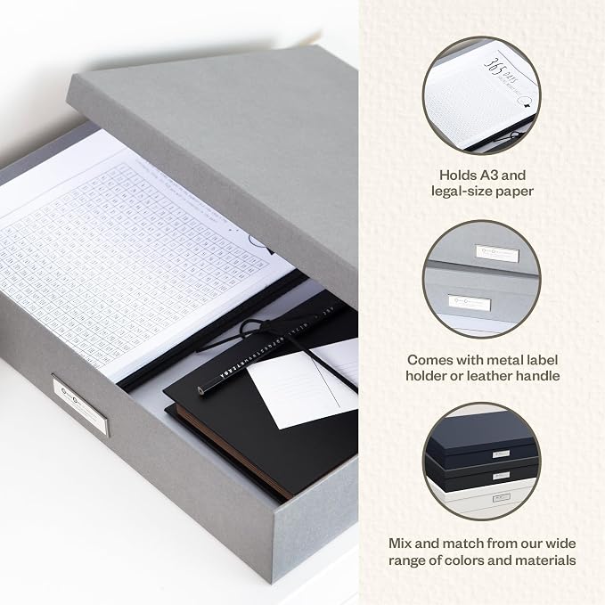 Bigso Sverker Fiberboard Legal and Art Storage Box | Scrapbook Storage Box for Loose Papers and More | Durable Document Boxes with Lid and Metal Label Holder | 17.1’’ x 12.2’’ x 3.3’’ | Grey