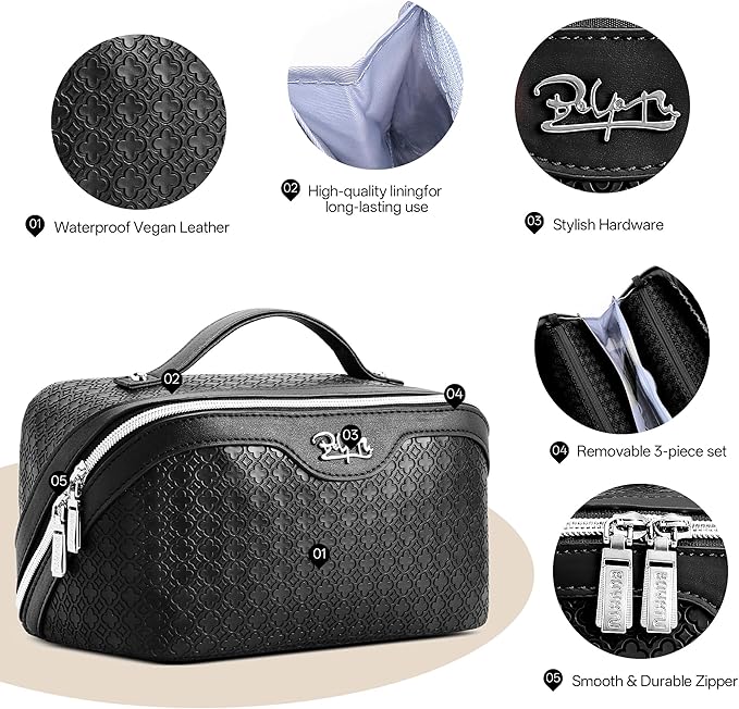 BOYATU Travel Makeup Bag for Women: Four Leaf Clover Large Capacity 3 Pcs Set Cosmetic Bags - Waterproof 50% Extra Space for Toiletry Organizer - Travel Essentials for Fortunate (06 Black)