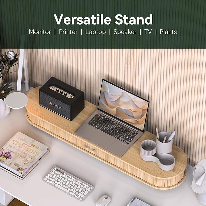 Bamboo Dual Monitor Stand with Storage, Curved Double Computer Laptop Stand Desk Shelf Organizer with Sliding Doors (42 inch)