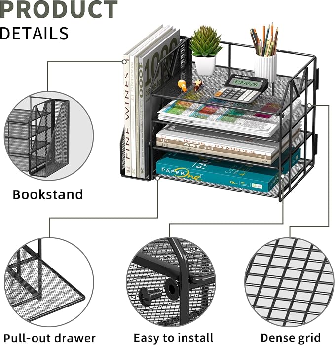 4-Tier Paper File Organizer with Bookend, Metal Desk Organizer, Tiered Paper Tray for Letter/A4 Files, Desktop Office Supplies Storage Rack for Home Office, Classroom, School & Work, Black