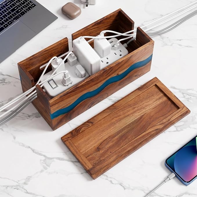 Acacia Wood & Epoxy Cable Management Box, 16X 6 X 5.5 Cable Hider Box, Cable Organizer Box Ideal for Under Desk Cable Management, Router Wires, Surge Protectors and adaptors | Turquoise