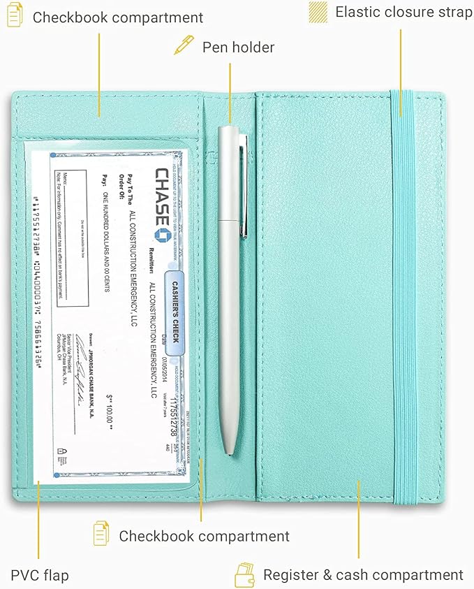 Zreal Checkbook Cover for Women, Premium Vegan Leather Checkbook Holder for Top & Side Tear Duplicate Checks with RFID Blocking (Pale Turquoise)