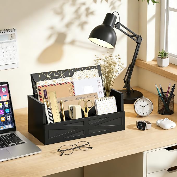Mail Organizer Countertop, Wood Mail Holder Sorter for Desk, Rustic Bill Storage Organizer Box, Office Letter Basket for Document File Folder Paper Envelope (Black)